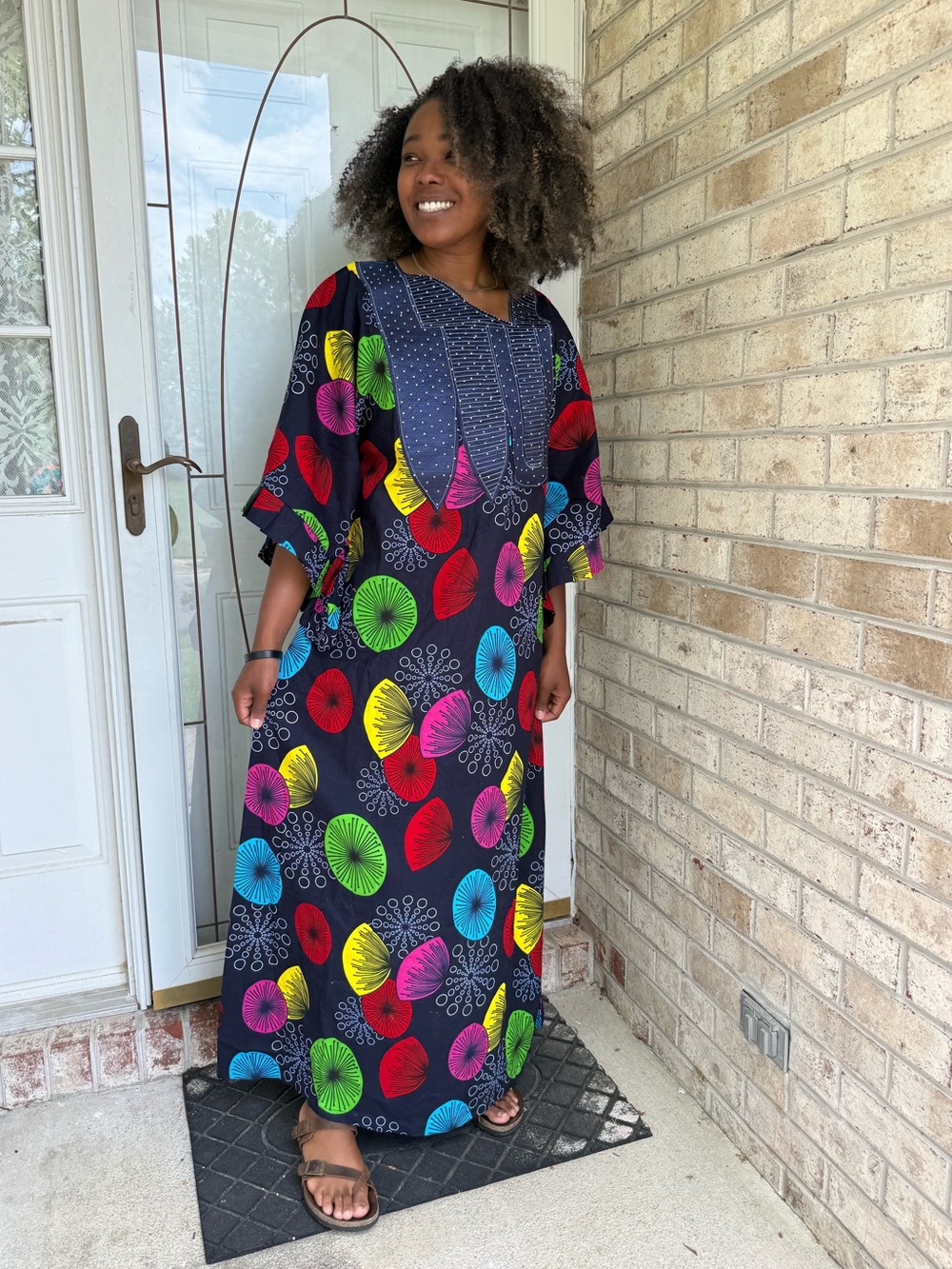 Navy Multicolor Printed Maxi Dress with Embroidered Yoke